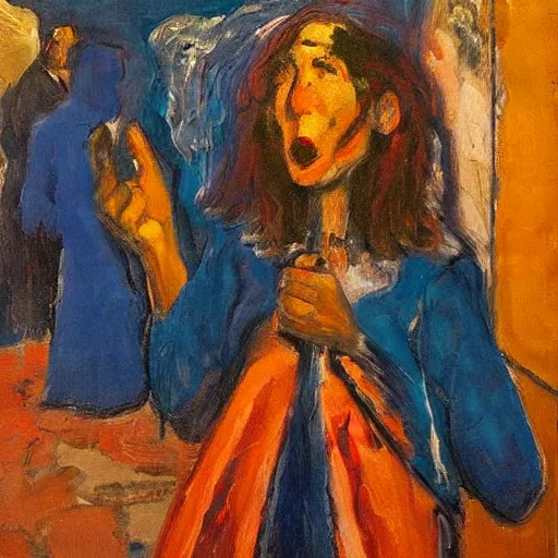 Image similar to A performance art. A rip in spacetime. Did this device in her hand open a portal to another dimension or reality?! warm blue by Leon Kossoff