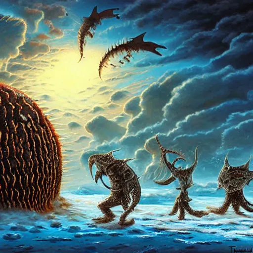 Image similar to a giant trypophobia shark worm attacks warriors in a snowy desert by the tony sart