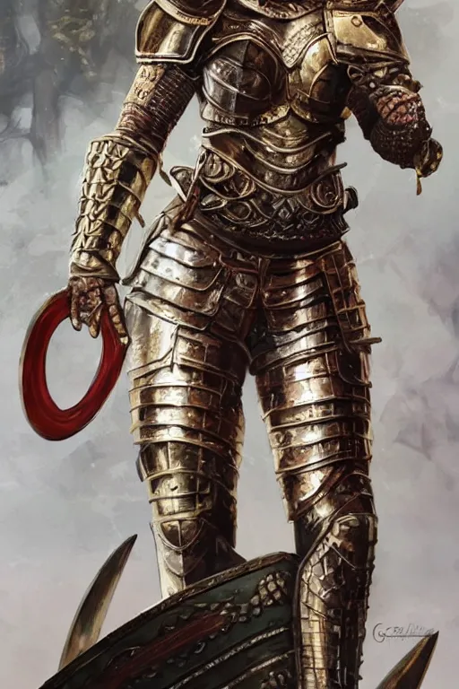 Image similar to full body portrait of a rugged female warrior short length red curly hair and a very highly detailed face wearing elegant obsidian, sliver and gold plate mail armor intricately painted, holding a circular shield and an ancient long sword, very highly detailed, artstation, cgsociety, realistic character concept art, sharp focus, by greg rutkowski, artgerm, and alphonse mucha