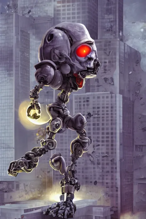 Image similar to evil giant baby with a robo arm and a robo eye in a diaper is taller than office buildings, goes destroying buildings under his feet, art, illustration, 3 d, render