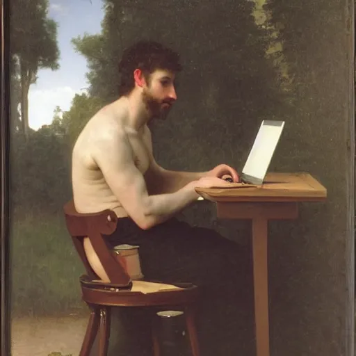 Image similar to an oil painting of an man playing a laptop, view from back, by Bouguereau, highly detailed and intricate, 1500,