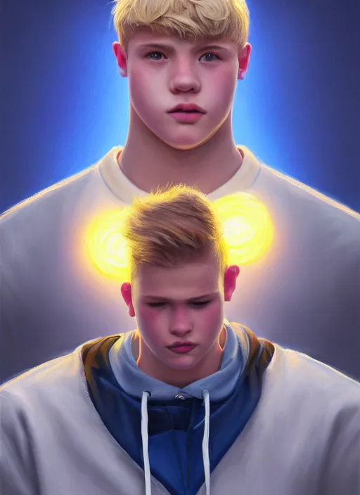 Image similar to portrait of high school senior boy named big moose, blonde short hair, jock, beefy, wide face, square jaw, square facial structure, blue varsity jacket with letter r, intricate, elegant, glowing lights, highly detailed, digital painting, artstation, concept art, sharp focus, illustration, art by wlop, mars ravelo and greg rutkowski