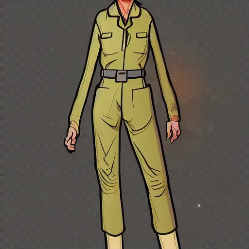 Image similar to character concept art of heroic stoic emotionless butch blond handsome woman engineer with very short slicked - back butch hair, narrow eyes, wearing atompunk jumpsuit, retrofuture, science fiction, illustration, pulp sci fi, digital art