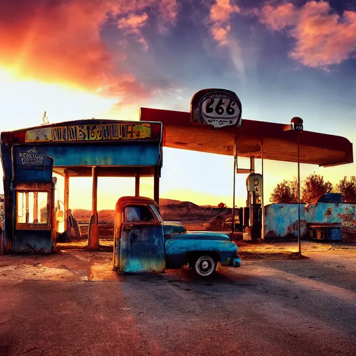 Image similar to a sunset light landscape with historical route 6 6, lots of sparkling details and sun ray ’ s, blinding backlight, smoke, volumetric lighting, colorful, octane, 3 5 mm, abandoned gas station, old rusty pickup - truck, beautiful epic colored reflections, very colorful heavenly, softlight