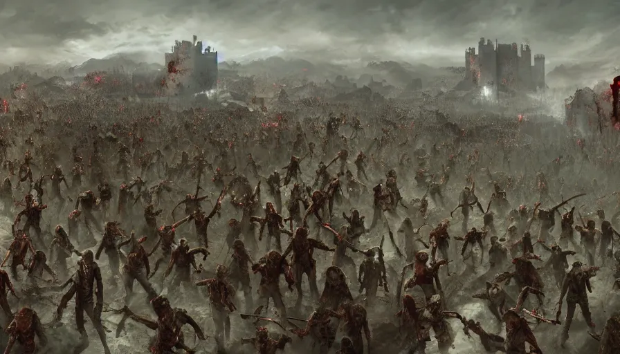 Image similar to zombie army running to english castle, wide view, hyperdetailed, artstation, cgsociety, 8 k