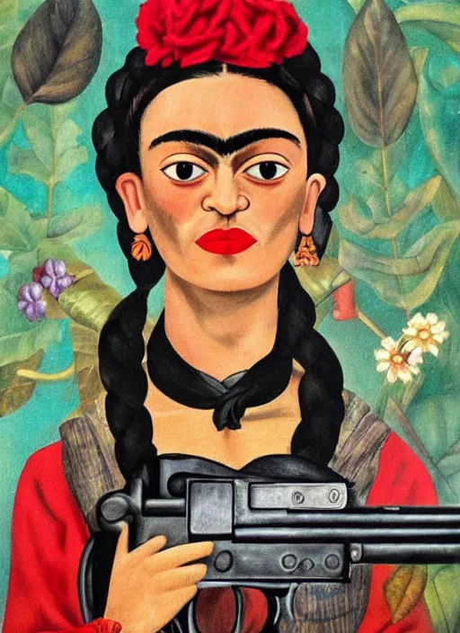 Image similar to frida kahlo as a six shooter cowboy