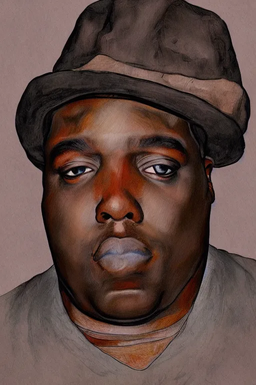 Image similar to a portrait of biggie small in style of egon schiele, masterpiece, hyperdetailed, complex, intricate, photorealistic!!, 4 k, trending on artstation