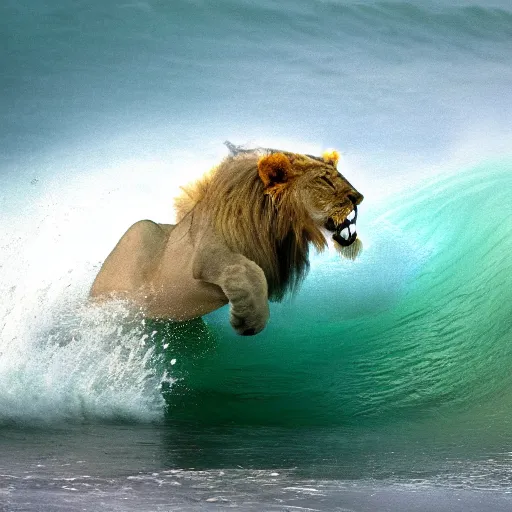 Image similar to a lion's face breaching through a wave