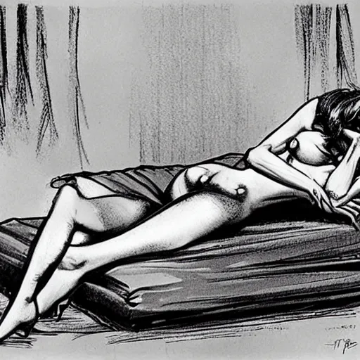 Prompt: playful by neal adams. a body art of a woman reclining on a bed.