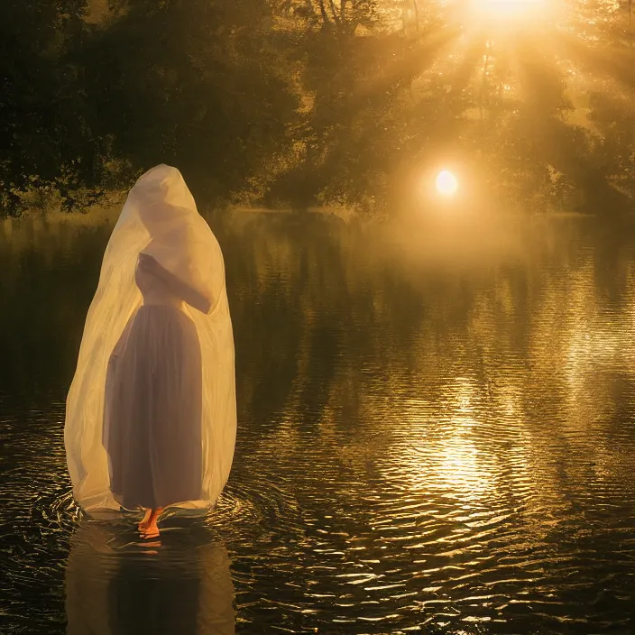 Prompt: a closeup portrait of a woman wrapped in plastic, standing next to a giant levitating orb, in a foggy pond, golden hour, color photograph, by vincent desiderio, canon eos c 3 0 0, ƒ 1. 8, 3 5 mm, 8 k, medium - format print