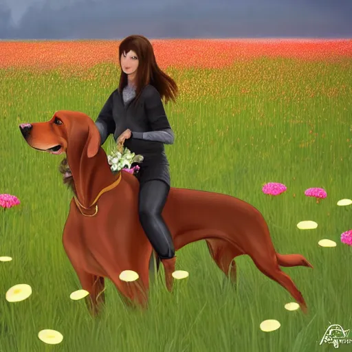 Image similar to girl riding a giant doberman in a field of flowers, trending on artstation