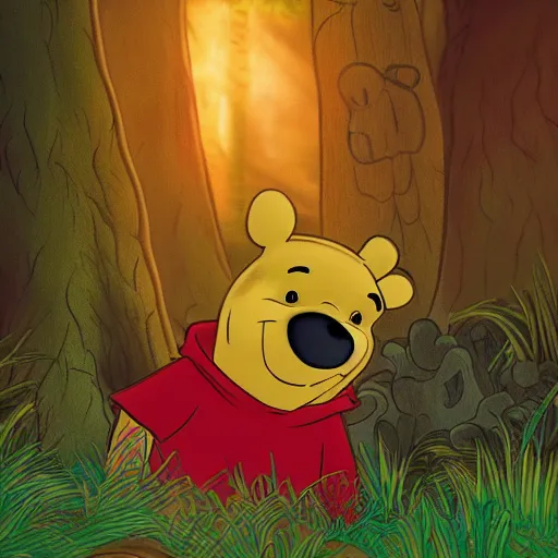 Prompt: Colored photo of winnie the pooh maniacally laughing with big sharpy teeths with bright red glowing eyes at night forest, ultra detailed, 4k