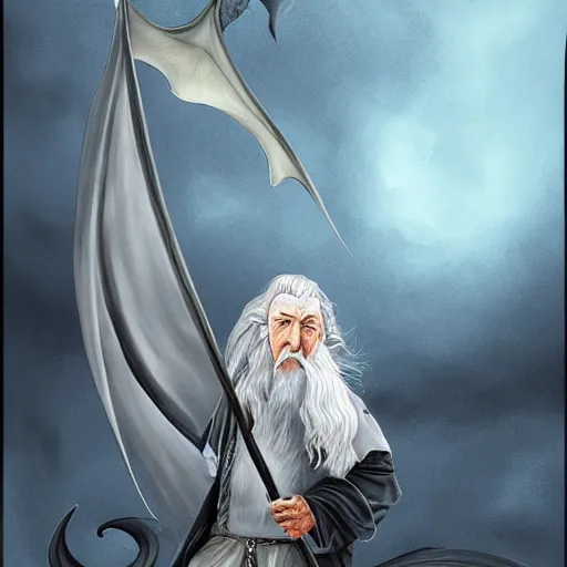 Image similar to gandalf, riding a dragon, highly detailed, digital art,