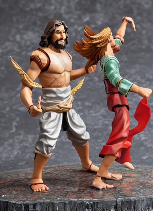 Image similar to Jesus vs the Devil in the flying sandals of salvation action figures toy pack