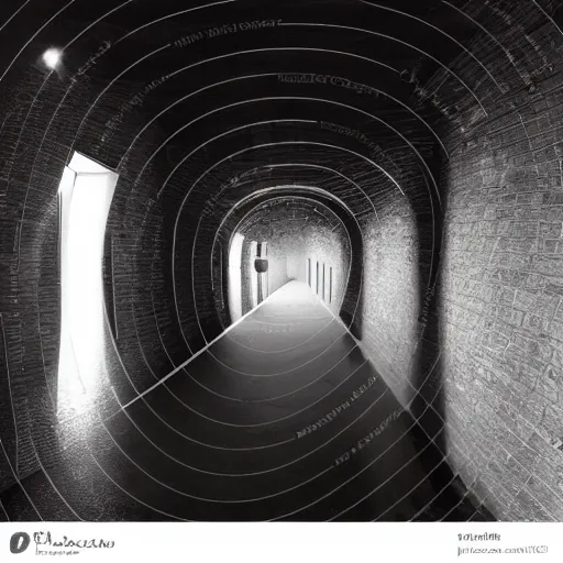 Image similar to Beautiful Fuzzy wide-eye-lens 15mm, harsh flash, cameraphone 2002, Photograph of an tiled infinite foggy foggy foggy liminal pool pool hallway hallway hallway with archways and water on the floor, mirrored