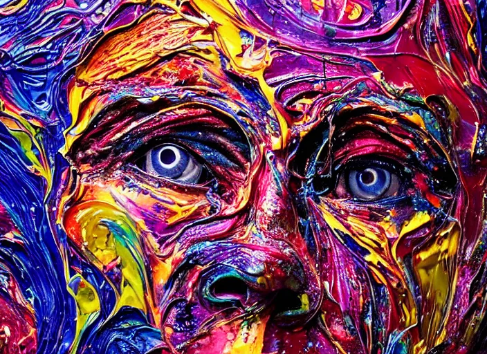 Prompt: still shot close up footage of a human head made of acrylic pour and splashing paint and dripping paint, thick impasto paint, embossed paint, big flying chunks of paint, motion blur, hyperrealistic, medical, intricate art photography, anatomically correct, realistic crisp textures, 1 6 k