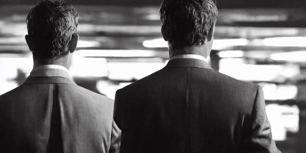 Prompt: man in a suit, over the shoulder shot, cinematic, directed by david fincher, dark, underexposed, atmospheric, ominous