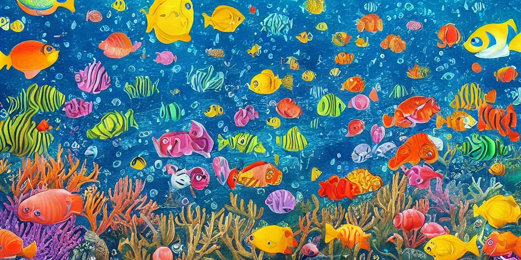 Image similar to a beautiful painting of an elaborate underwater scene painted by bosch and lisa frank, detailed