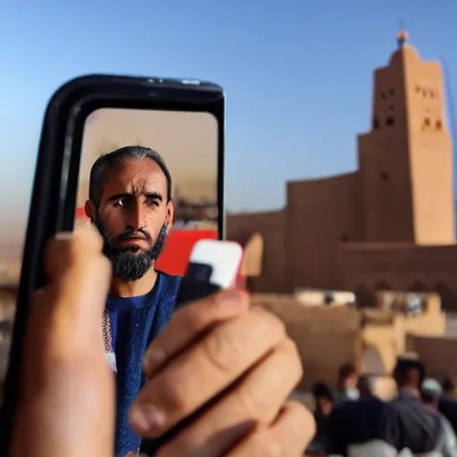 Image similar to a moroccan man looking down at his phone taking a selfie, serious face, not smiling, with a large double - chin showing