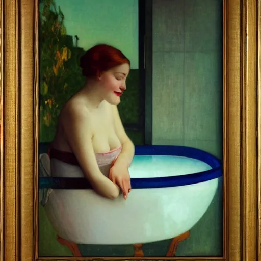 Image similar to dreamy oil painting of young woman in a large bathtub full of milk, smiling with her eyes closed as she washes herself, city lights from art deco window, hopper, mucha, irene patten, manara