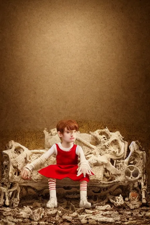 Image similar to photorealistic front view sad pale victorian ai child sitting on a red sofa made of human bones in a surreal landscape, depth of field, intricate, highly detailed, high quality, realistic, sharp focus, soft glow