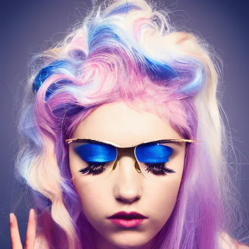 Image similar to a melanchonic photo of a beautiful young woman with cotton candy hair. with a little bit of gold and white