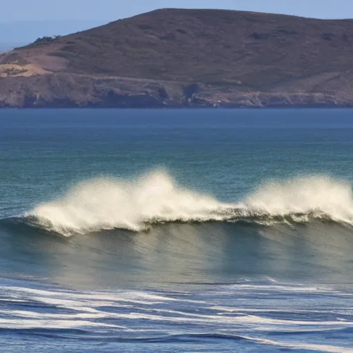 Image similar to perfect wave breaking in shallow clear water front view, hollister ranch, offshore winds, kelp, islands on horizon, late afternoon