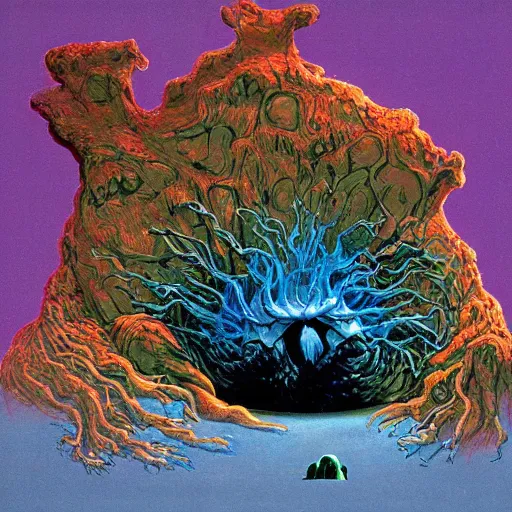 Prompt: roger dean art of the thing ( 1 9 8 2 )