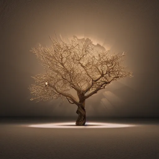 Image similar to a beautiful tree, religious delusion communities and cults the next few minutes, four light that had been released sculpture, structure, ray trace 4 k