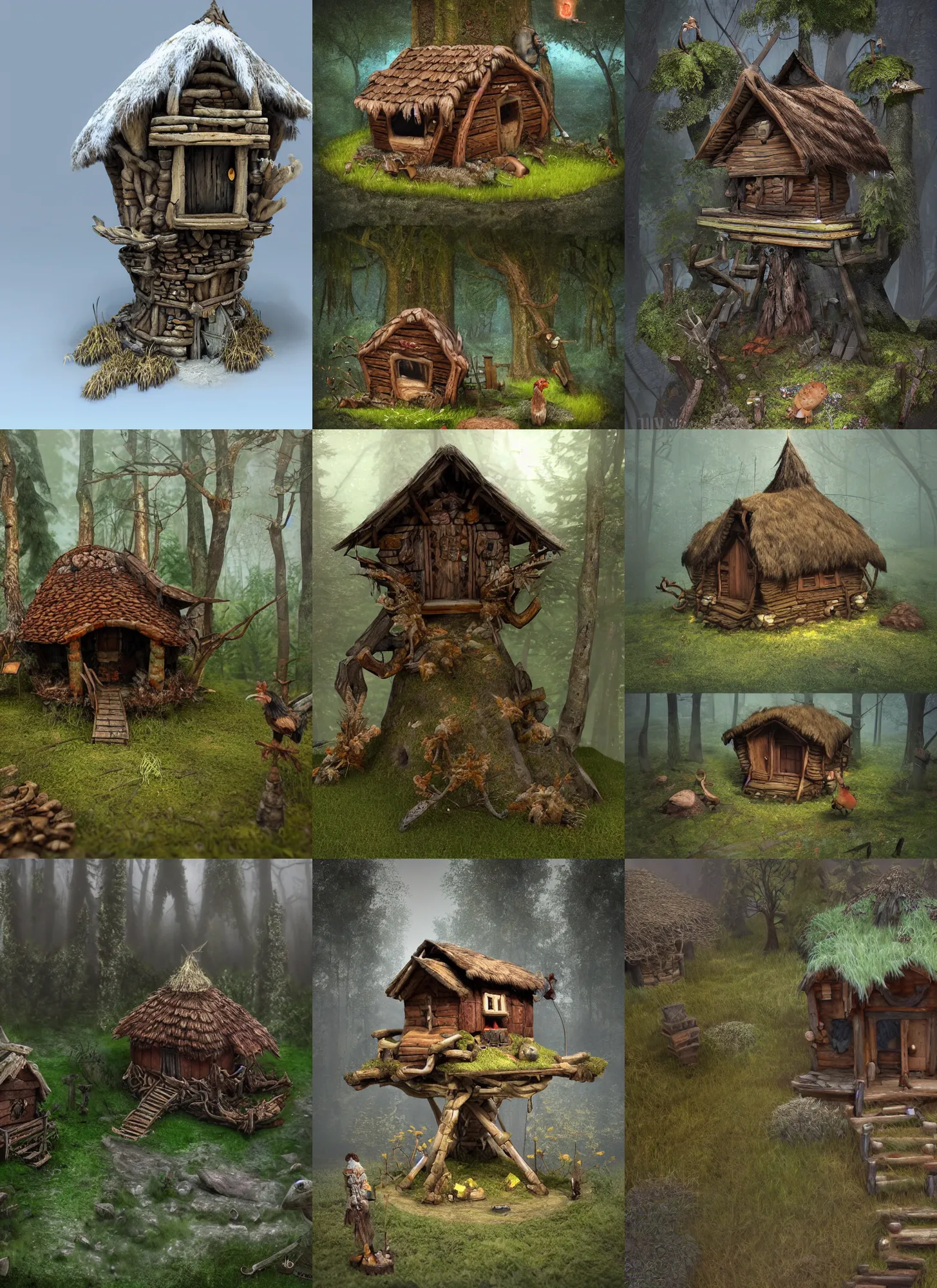 Prompt: hut on chicken legs a fantasy house Proto-Slavic mythology, a forest hut on chicken legs, where there are no windows or doors Houses with blank walls and an entrance through a hatch in the floor, a house raised 2-3 meters above the ground, Baba Yaga, full body, detailed and realistic, 4k, top-artstation, inspired blizzard games, octane render