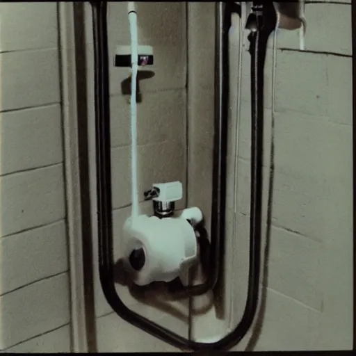 Image similar to a Polaroid photo of a shower that has a water pump and heater connected to it so the water flows from the drain back in to the shower head, beams of light, nostalgic