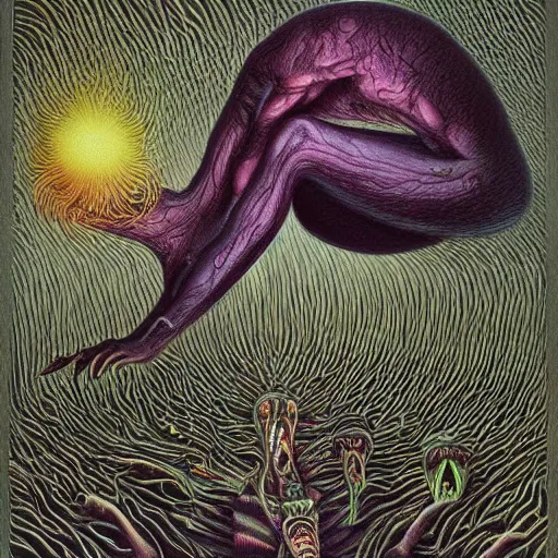 Prompt: a hyperrealistic brightly colored painting of a psychedelic alien nightmare, by john kenn mortensen and zdzislaw beksinski and alex grey, highly detailed, vivid color,