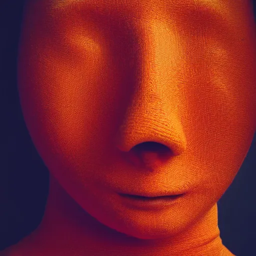 Prompt: portrait of a woman with no face, orange background, studio lighting