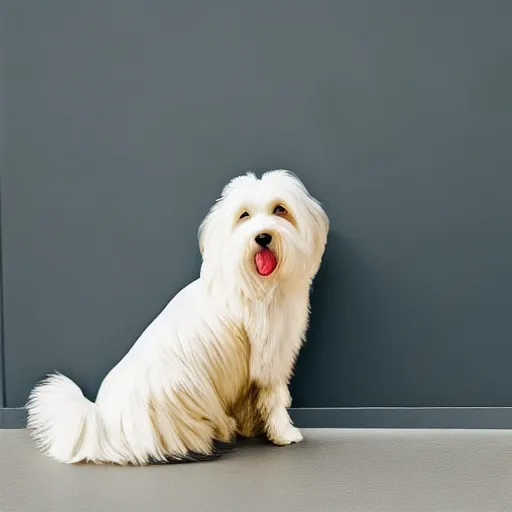 Image similar to a cream - colored havanese dog in a long dress posing for a picture, a poster by mark english, unsplash contest winner, private press, dynamic pose, full body, high resolution