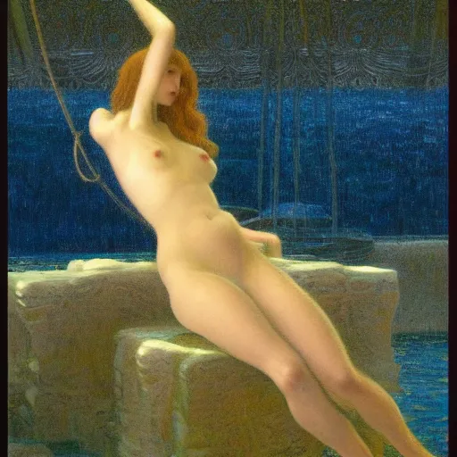 Image similar to beautiful woman suspended in water with silk clothing , 4k, by Jean Delville, cinematic lighting