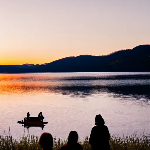 Prompt: ”An photo showing a view of Lake Siljan and people in folk costumes in the foreground, golden hour, sigma 55”