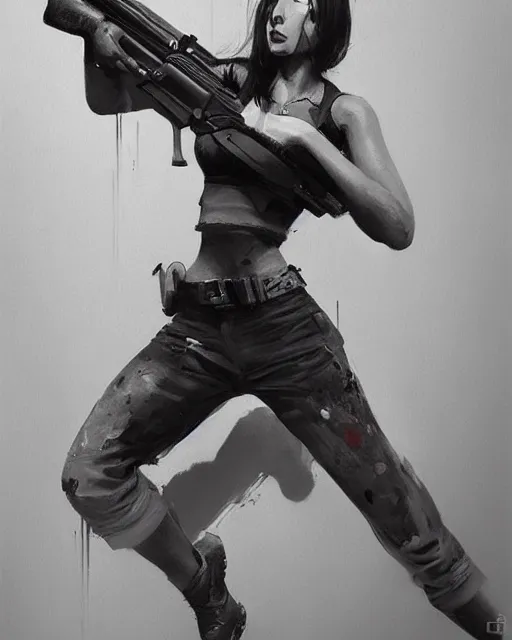 Image similar to Hyper realistic painting of a girl holding a gun, noir, hyper detailed, by greg rutkowski, trending on artstation