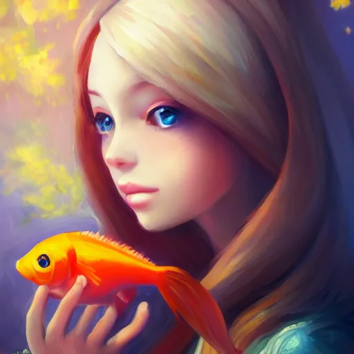 Prompt: Beautiful portrait of a beautiful girl with goldfish eyes, in a romantic romantic setting on a painting by Miyazaki, artstation trending, painterly, 8k