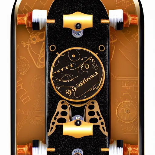 Image similar to steampunk skateboard gold black and rose, shiny golden, studio light, 4 k, highly detailed, black background, light on top