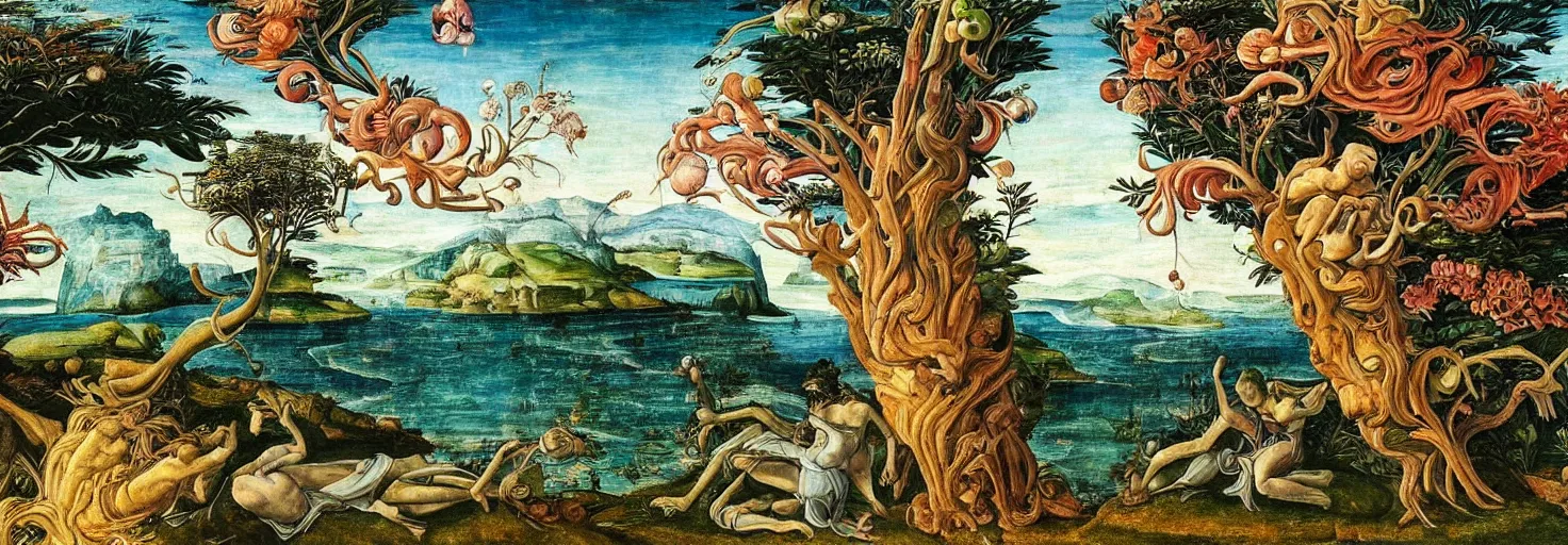 Prompt: beautiful landscape mural of an alien planet, lush landscape, vivid colors, intricate, highly detailed, masterful, fantasy world, in the style of sandro botticelli, caravaggio, albrecth durer