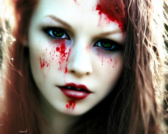 Image similar to award winning 5 5 mm close up face portrait photo of an anesthetic and beautiful redhead vampire lady who looks directly at the camera with blood - red wavy hair, intricate eyes that look like gems, and long fangs, in a park by luis royo. rule of thirds.