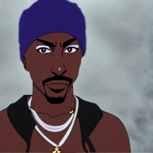 Image similar to Tupac Shakur, screenshot from a 2012s anime