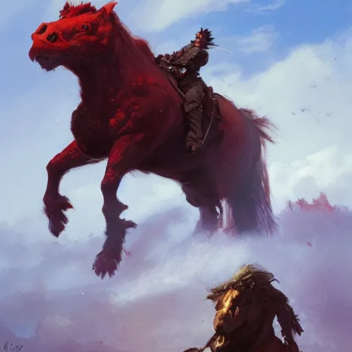 Image similar to Red ogre riding a horse, funny, portrait, Greg rutkowski