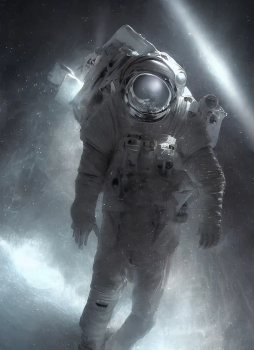 Image similar to concept art by craig mullins infrared complex and hyperdetailed technical astronaut dancing in futuristic dark and empty spaceship underwater. reflection and dispersion materials. rays and dispersion of light. volumetric light. 5 0 mm, f / 3 2. noise film photo. flash photography. unreal engine 4, octane render. interstellar movie art