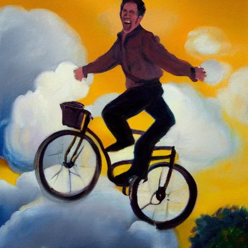 Image similar to A painting of a joyful man riding a bicycle in the clouds, action shot, subject is smiling, expressive oil painting