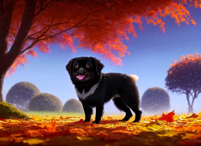 Image similar to a wholesome animation key shot of a black tibetan spaniel, autumn trees in the background, autumn leaves in the foreground, studio ghibli, pixar and disney animation, sharp, rendered in unreal engine 5, anime key art by greg rutkowski, bloom, dramatic lighting