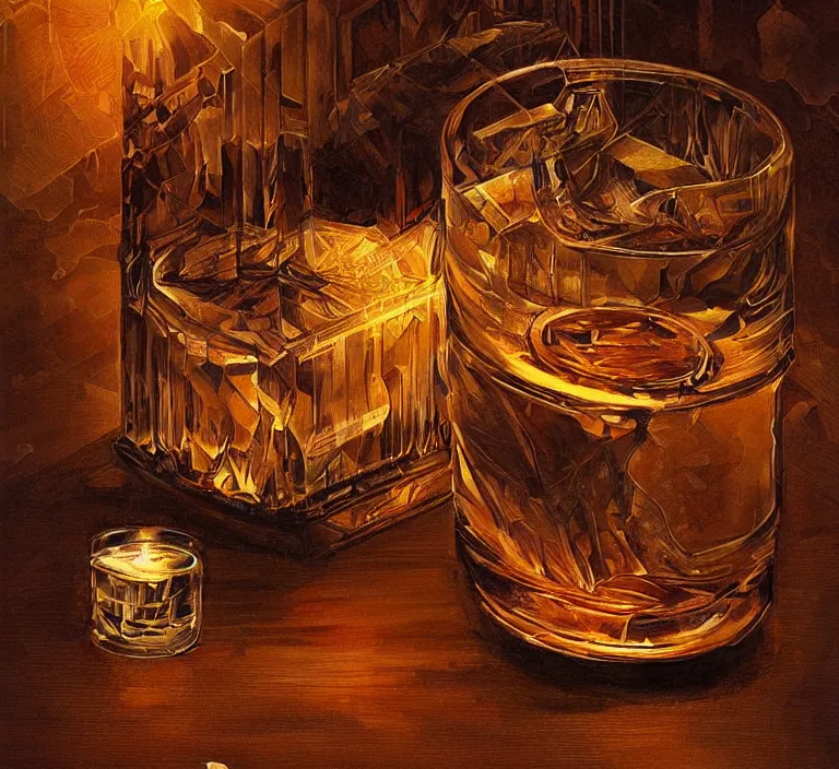 Prompt: on a wooden floor there is a crystal glass filled with whiskey and a goldfish swimming inside, close up view, dramatic lighting, DOF, caustics, soft, sharp focus, art nouveau, steampunk, intricate artwork by Greg Rutkowski and Lucas Staniec