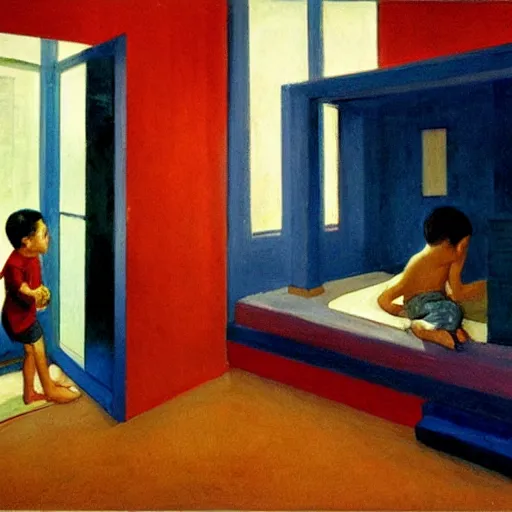 Image similar to a boy playing in a singaporean hdb flat, by edward hopper