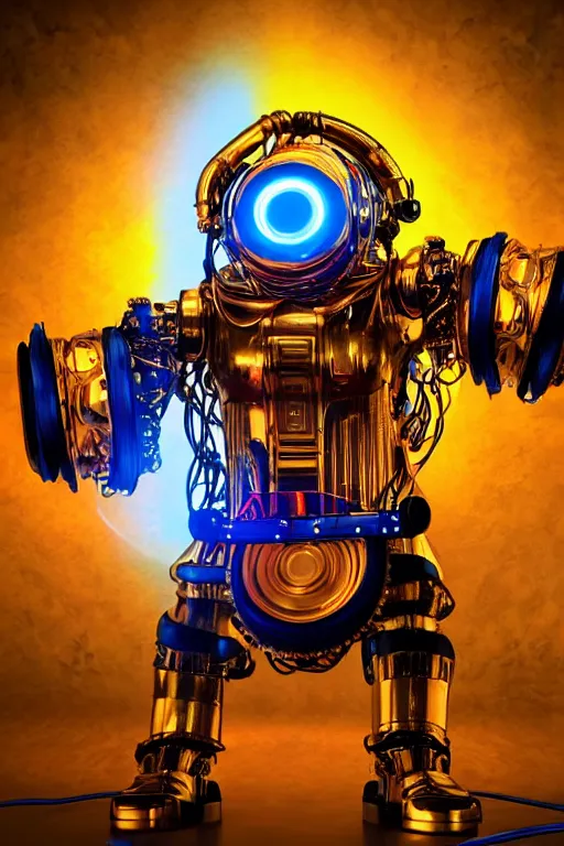 Image similar to portrait photo of a giant huge golden and blue metal humanoid steampunk robot dj with multicolored big gears and headphones, a red dj mixer, eyes are glowing red lightbulbs, shiny crisp finish, 3 d render, 8 k, insaneley detailed, fluorescent colors, background is multicolored lasershow