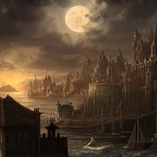 Image similar to medieval city floating above a sea in the moonlight with some puffs of clouds with a dark and gloomy theme, ultra fine detail, concept art, matte painting